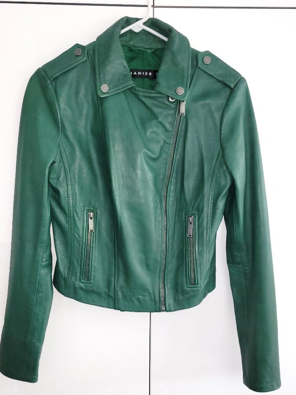 Danier Daria Emerald Green Leather Moto Jacket Size XS
